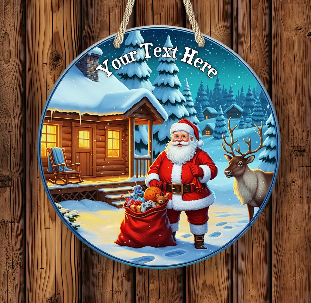 Decorative Christmas plate with Santa Claus, reindeer, and a cabin in the snow, text 'Your Text Here'.