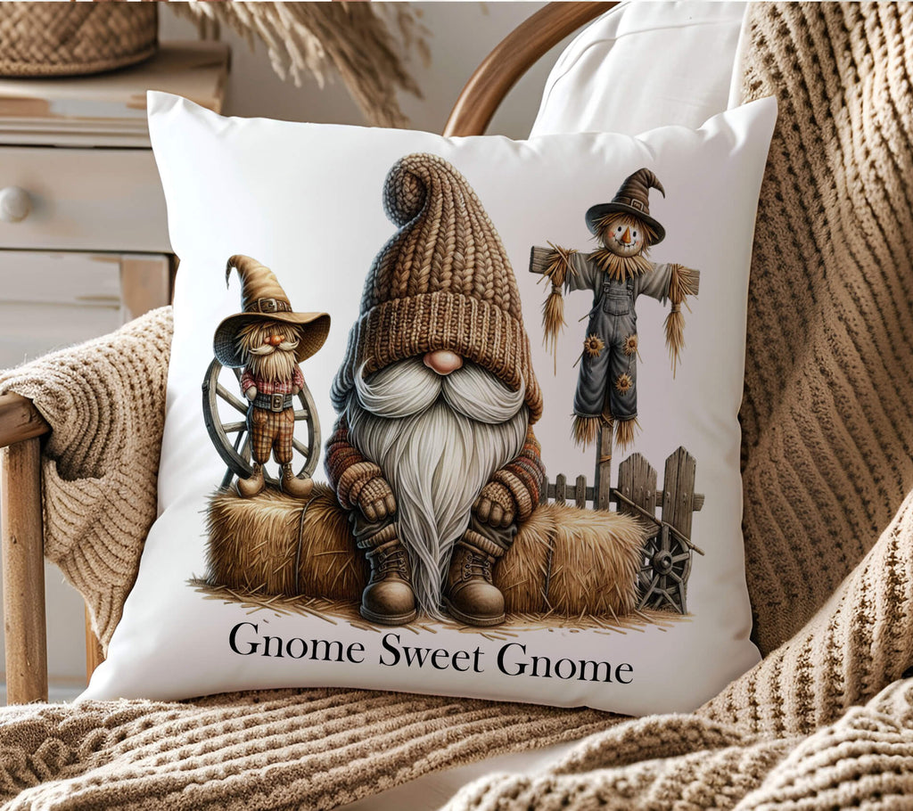 Personalized fall pillow with gnome sitting on hay bale, two scarecrows, rustic fence and wagon wheels, custom family name decor


