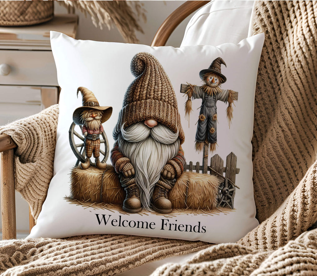 Personalized fall pillow with gnome sitting on hay bale, two scarecrows, rustic fence and wagon wheels, custom family name decor”

