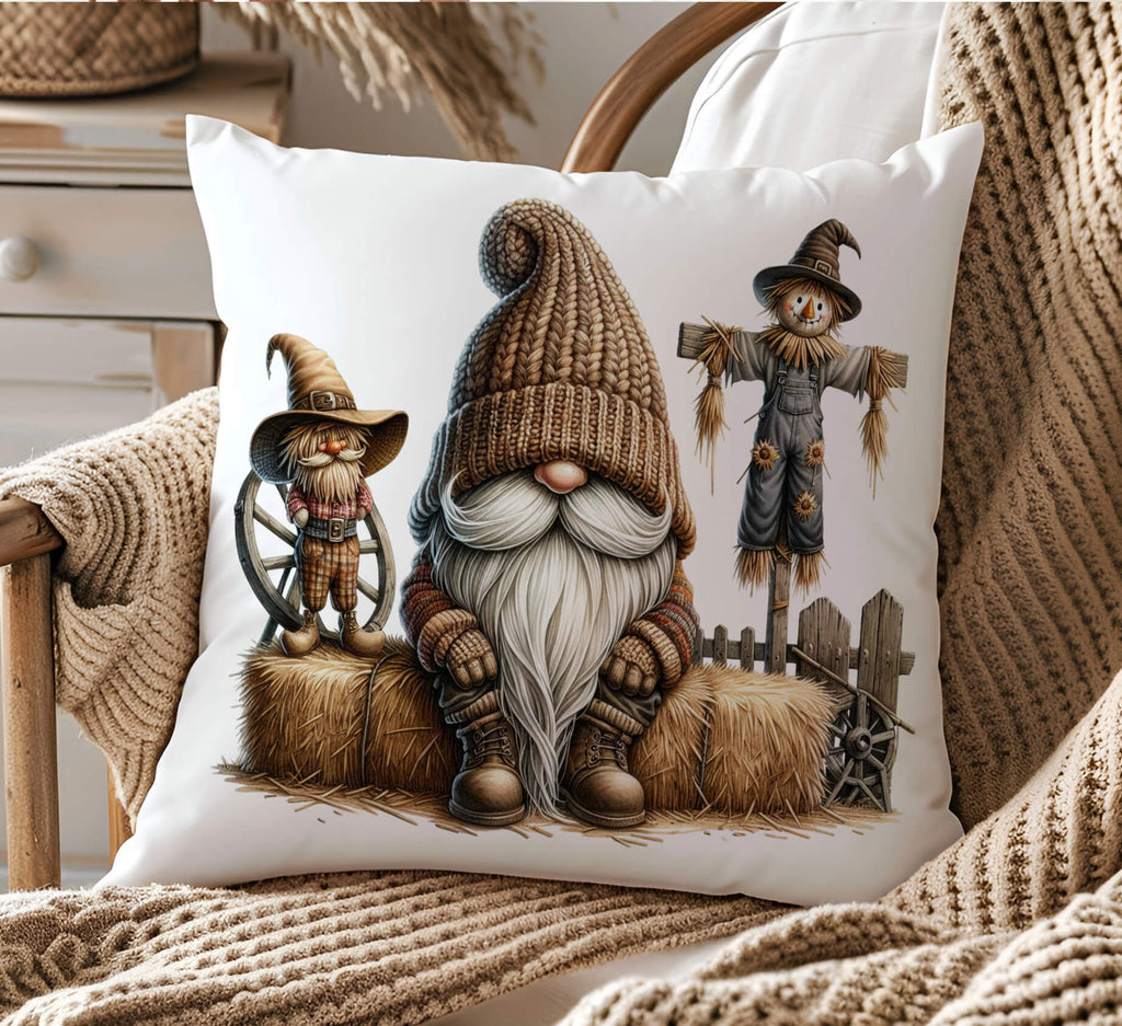 Personalized fall pillow with gnome sitting on hay bale, two scarecrows, rustic fence and wagon wheels, custom family name decor
