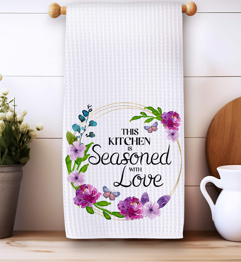 Floral This Kitchen Seasoned With Love Towel | Wreath Kitchen Decor | Kitchen Quote Dish Cloth