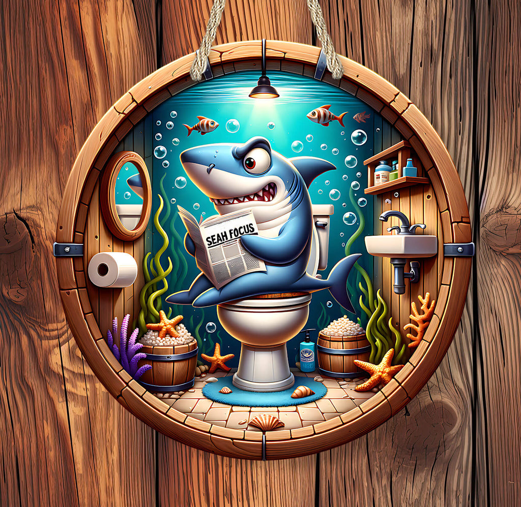 Cartoon shark reading a newspaper on a toilet with a nautical theme.