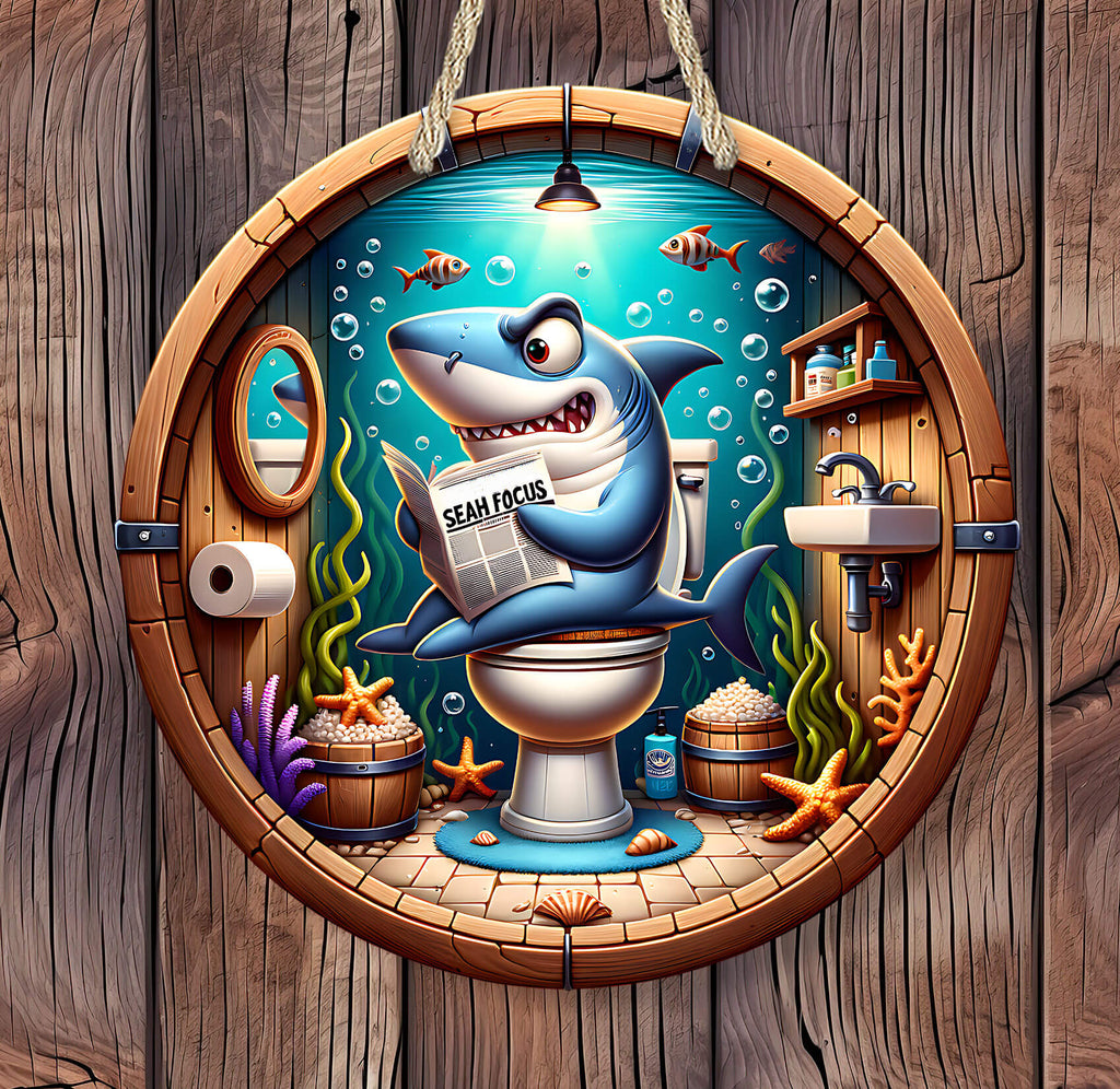 Cartoon shark on a toilet with bathroom and underwater elements inside a wooden barrel.