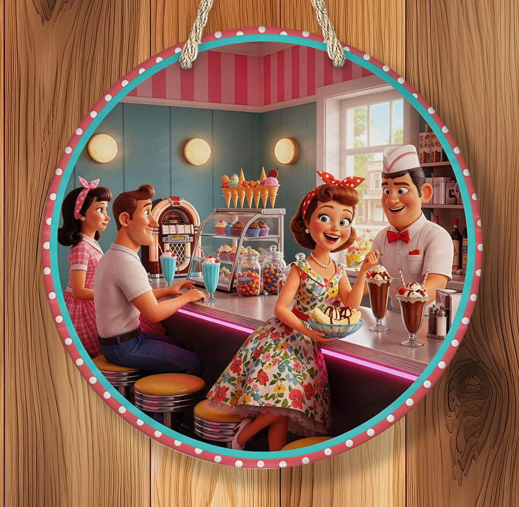 Illustration of a vintage diner scene with people sitting at a counter.