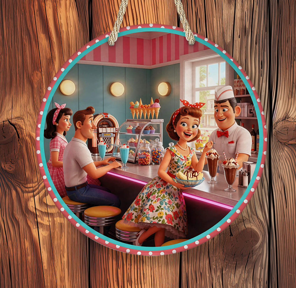 Illustration of a vintage diner scene with people sitting at a counter.