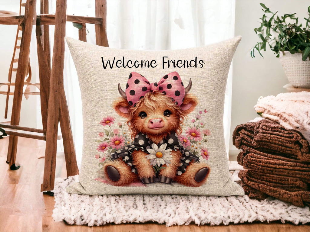 Personalized Highland Cow pillow featuring a cute cow with a pink polka dot bow and floral accents. Custom farmhouse decor, perfect gift for her, cow lovers, and cottagecore homes. 18x18 white canvas or natural beige with hidden zipper. Machine washable - Personalized Kreation