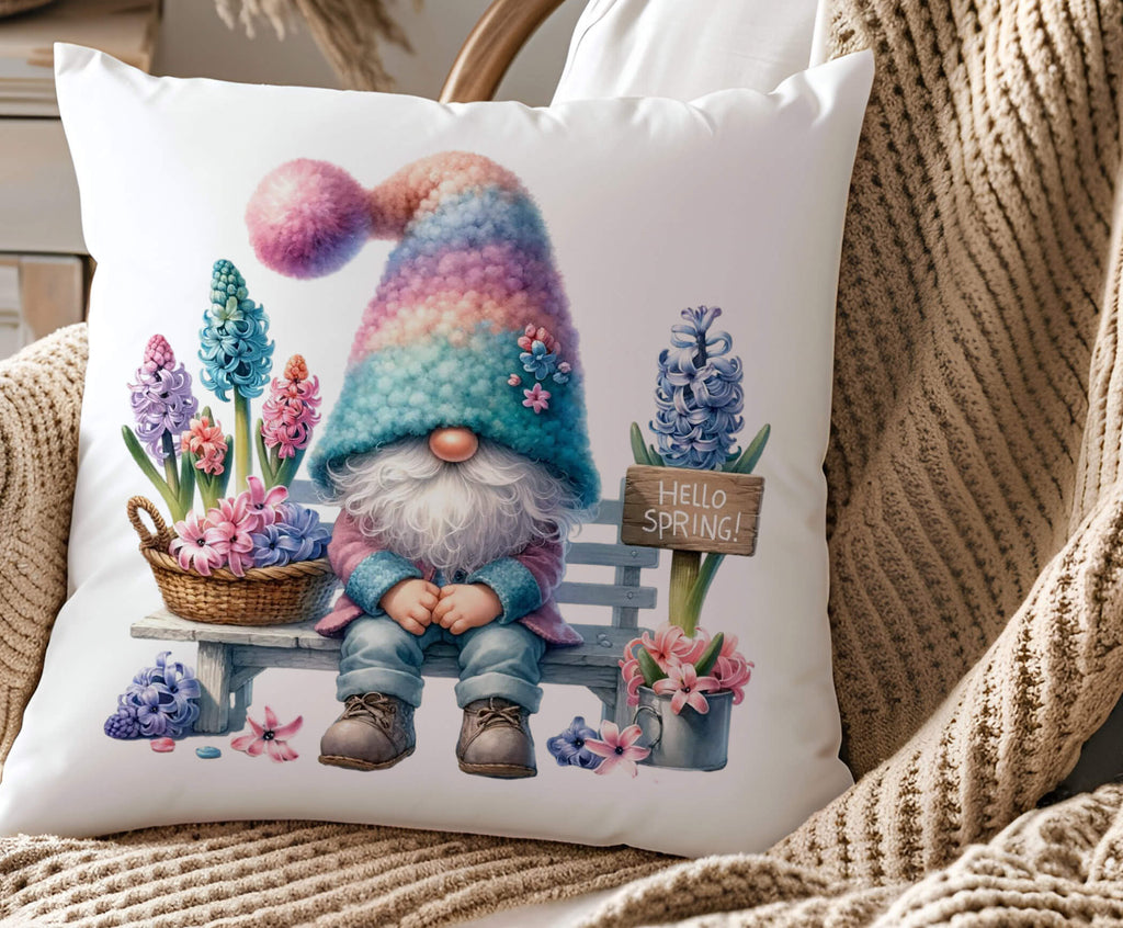 Spring Gnome Pillow with pastel colors featuring a gnome sitting on a wooden bench surrounded by blooming flowers a rustic Hello Spring sign and soft cottagecore aesthetics Available in 18x18 beige linen or white Easter gifts and farmhouse accents - Personalized Kreation