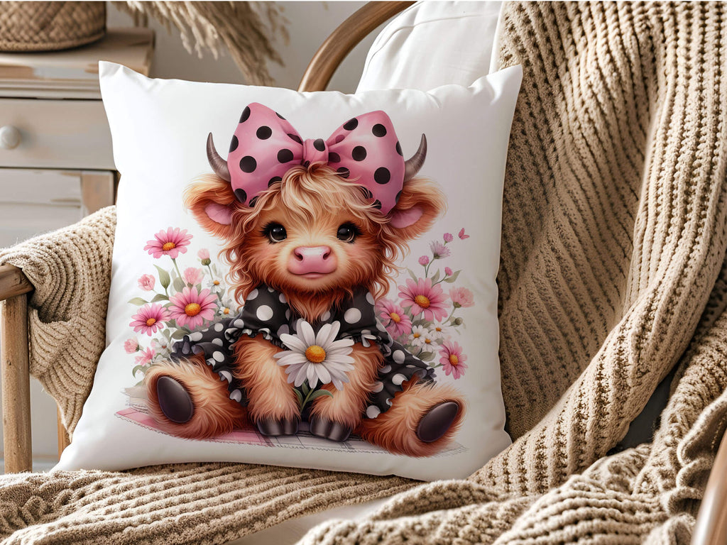 Personalized Highland Cow pillow featuring a cute cow with a pink polka dot bow and floral accents. Custom farmhouse decor, perfect gift for her, cow lovers, and cottagecore homes. 18x18 white canvas or natural beige with hidden zipper. Machine washable - Personalized Kreation