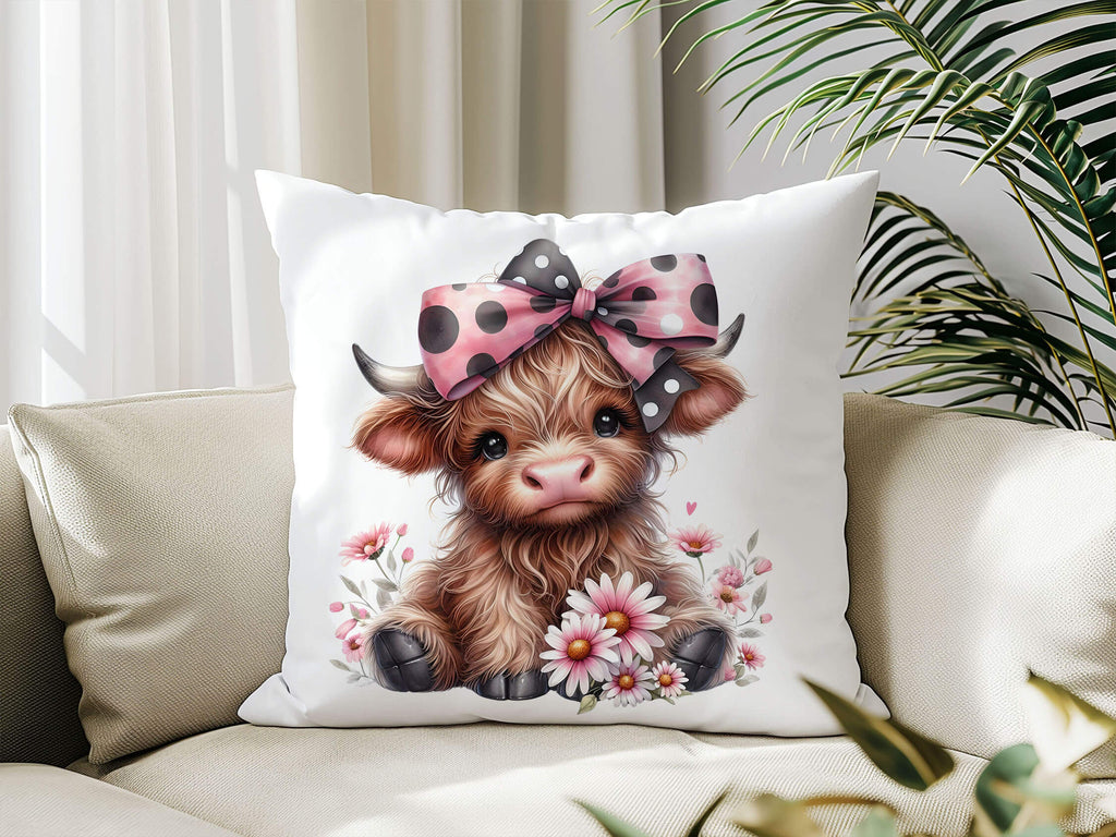 Personalized Highland Cow pillow featuring a cute cow with a pink polka dot bow and floral accents. Custom farmhouse decor, perfect gift for her, cow lovers, and rustic country homes. 18x18 white canvas or natural beige with hidden zipper. Machine washable - Personalized Kreation