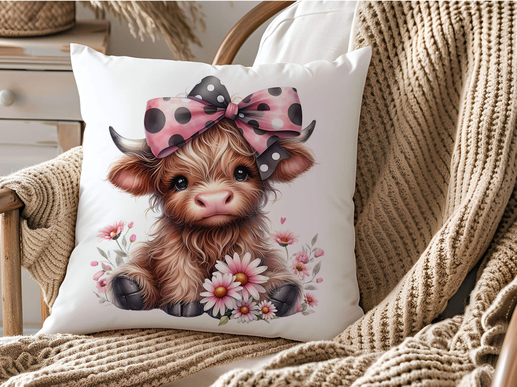 Personalized Highland Cow pillow featuring a cute cow with a pink polka dot bow and floral accents. Custom farmhouse decor, perfect gift for her, cow lovers, and rustic country homes. 18x18 white canvas or natural beige with hidden zipper. Machine washable - Personalized Kreation