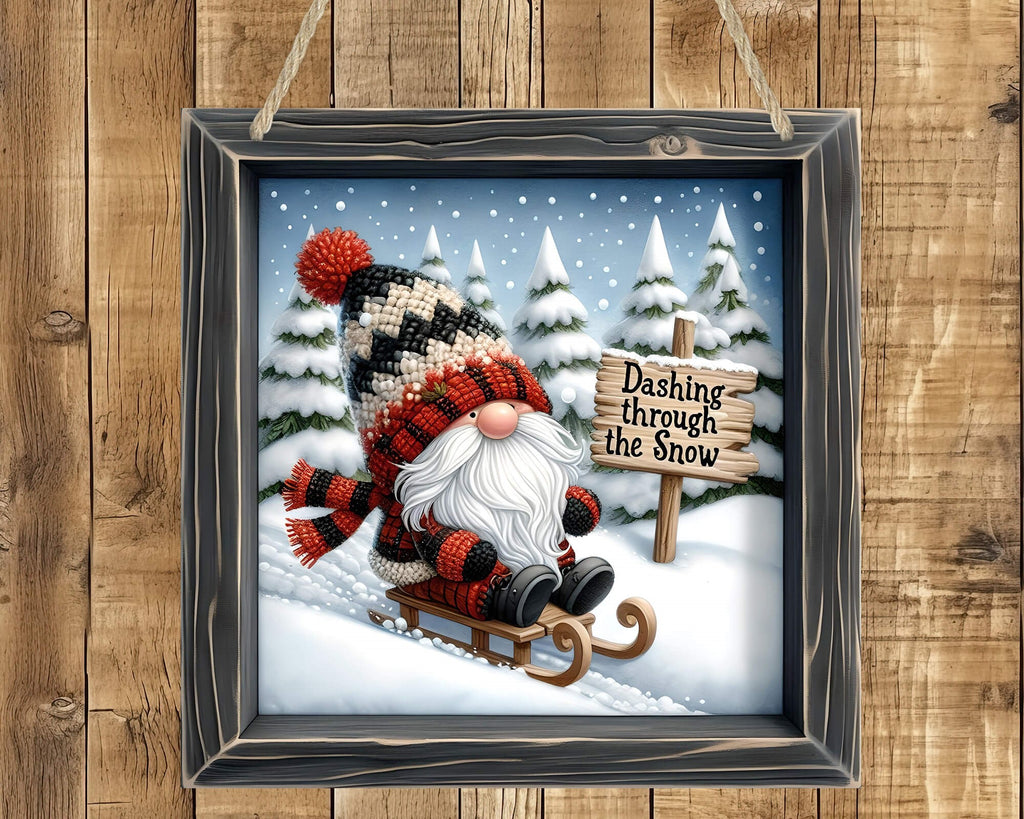 Personalized Dashing Through The Snow Gnome Door Hanger | Gnome Holiday Sign