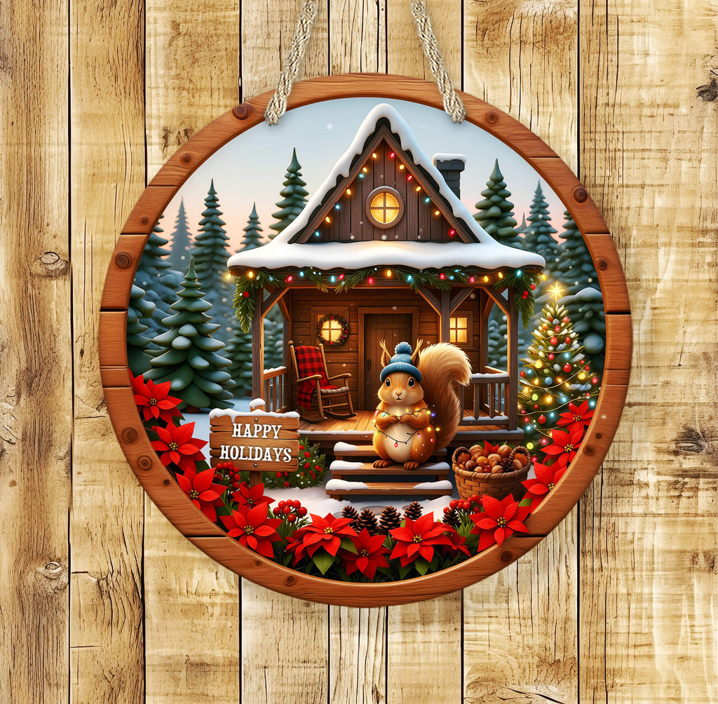 Decorative Christmas ornament with a cabin, trees, and a squirrel on a wooden background.