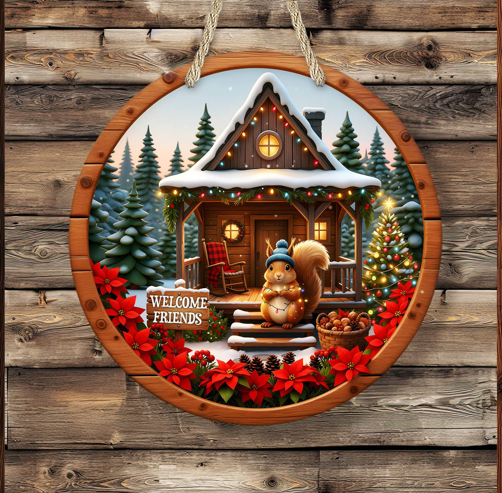 Decorative Christmas sign with a cabin, trees, and a squirrel on a wooden background