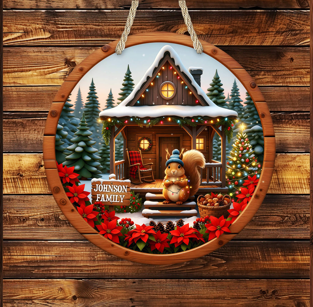 Decorative Christmas scene with a cabin, trees, and a squirrel holding a pine cone, framed by poinsettias on a wooden background.