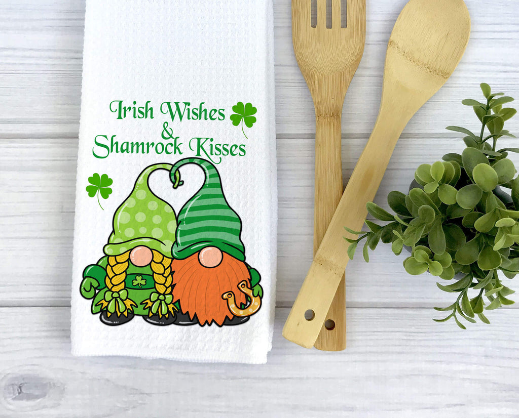 St. Patrick’s Day kitchen towel featuring a green Irish truck with shamrocks, gold coins, and festive decorations. Perfect holiday dish towel for farmhouse kitchens, St. Paddy’s decor, or a lucky housewarming gift. Soft, absorbent, and machine washable