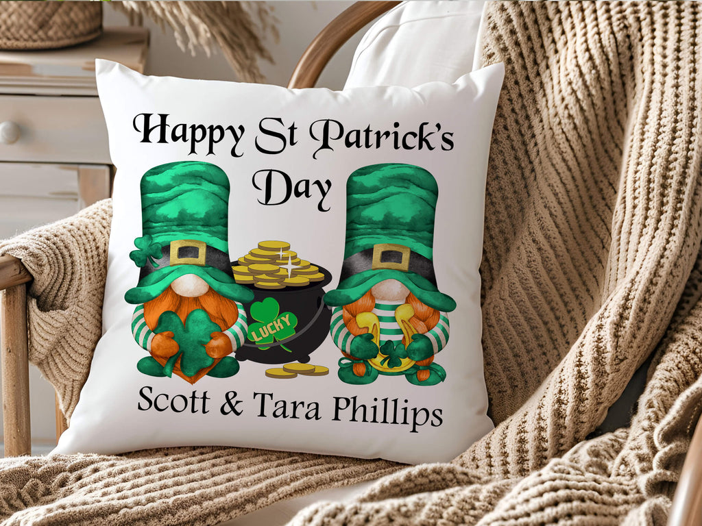 St. Patrick’s Day gnome pillow with pot of gold and shamrocks, festive Irish decor, personalized holiday cushion, farmhouse green throw pillow, 18x18 linen or canvas pillow cover with hidden zipper, lucky clover accent pillow for seasonal home decor - Personalized Kreation