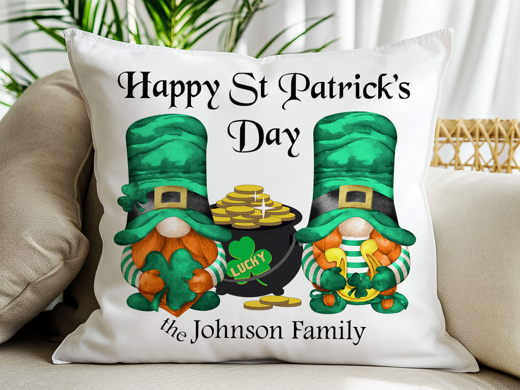 St. Patrick’s Day gnome pillow with pot of gold and shamrocks, festive Irish decor, personalized holiday cushion, farmhouse green throw pillow, 18x18 linen or canvas pillow cover with hidden zipper, lucky clover accent pillow for seasonal home decor - Personalized Kreation