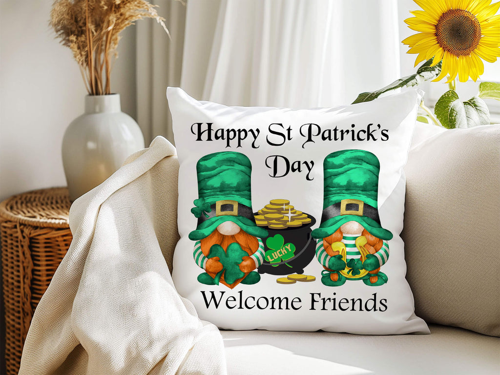 St. Patrick’s Day gnome pillow with pot of gold and shamrocks, festive Irish decor, personalized holiday cushion, farmhouse green throw pillow, 18x18 linen or canvas pillow cover with hidden zipper, lucky clover accent pillow for seasonal home decor - Personalized Kreation