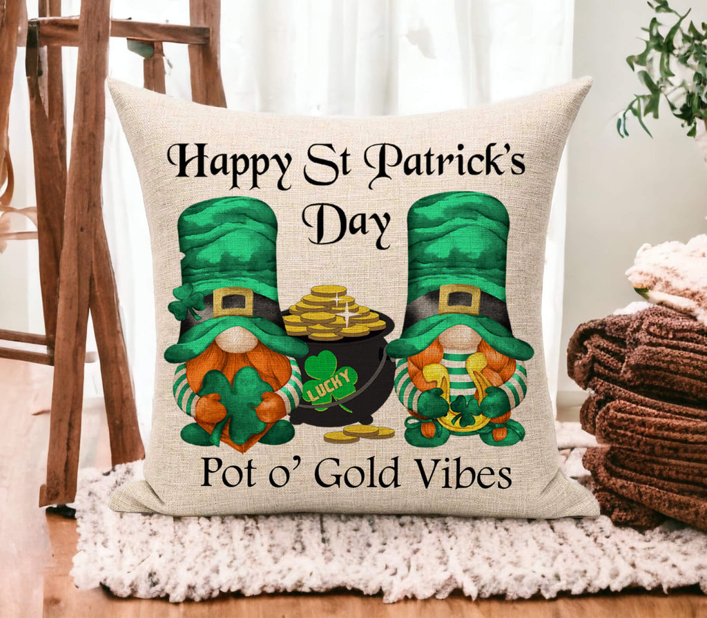 St. Patrick’s Day gnome pillow with pot of gold and shamrocks, festive Irish decor, personalized holiday cushion, farmhouse green throw pillow, 18x18 linen or canvas pillow cover with hidden zipper, lucky clover accent pillow for seasonal home decor