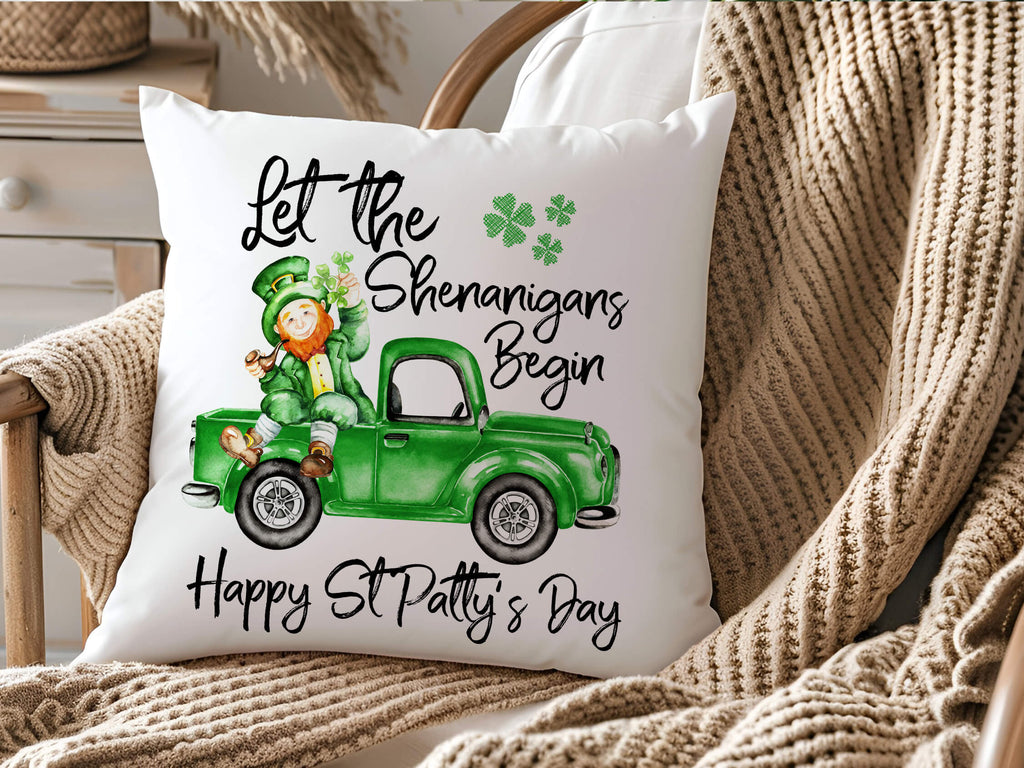 St. Patrick’s Day decorative pillow featuring a green vintage truck with a leprechaun, shamrocks, and festive "Let the Shenanigans Begin" text on a linen or canvas throw pillow. Perfect for Irish-themed home decor, farmhouse style, and holiday celebrations