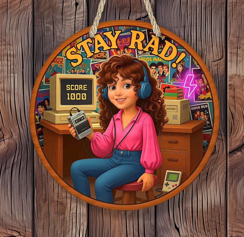 Circular sign with a retro-themed illustration of a person with headphones, vintage computer, and 'Stay Rad!' text on a wooden background.