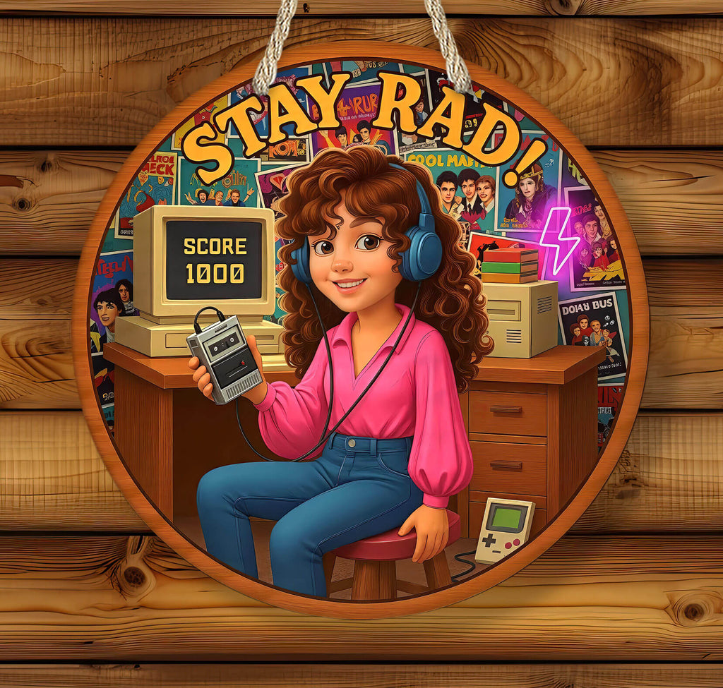 Illustration of a person with headphones sitting at a desk with a 'Stay Rad!' sign in the background.