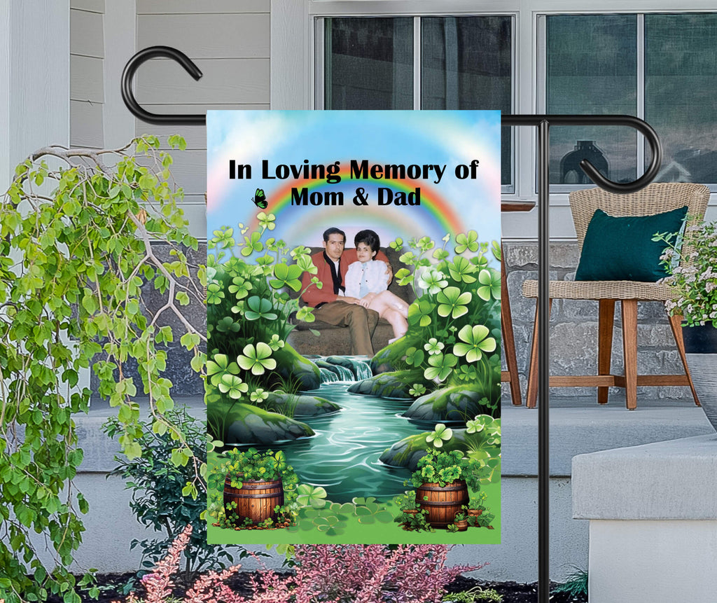 Personalized St. Patrick’s Day Memorial Garden Flag featuring a custom photo, lush green shamrocks, a peaceful waterfall, and a rainbow tribute. Perfect for honoring loved ones with a unique Irish-inspired remembrance flag - Personalized Kreation