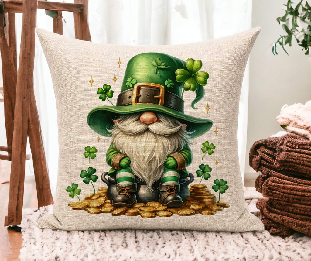 St. Patrick’s Day gnome pillow with green hat, shamrocks, and gold coins – festive Irish decor for home, farmhouse-style holiday cushion, lucky charm throw pillow, leprechaun-themed accent for St. Patrick’s celebrations | Personalized Kreation