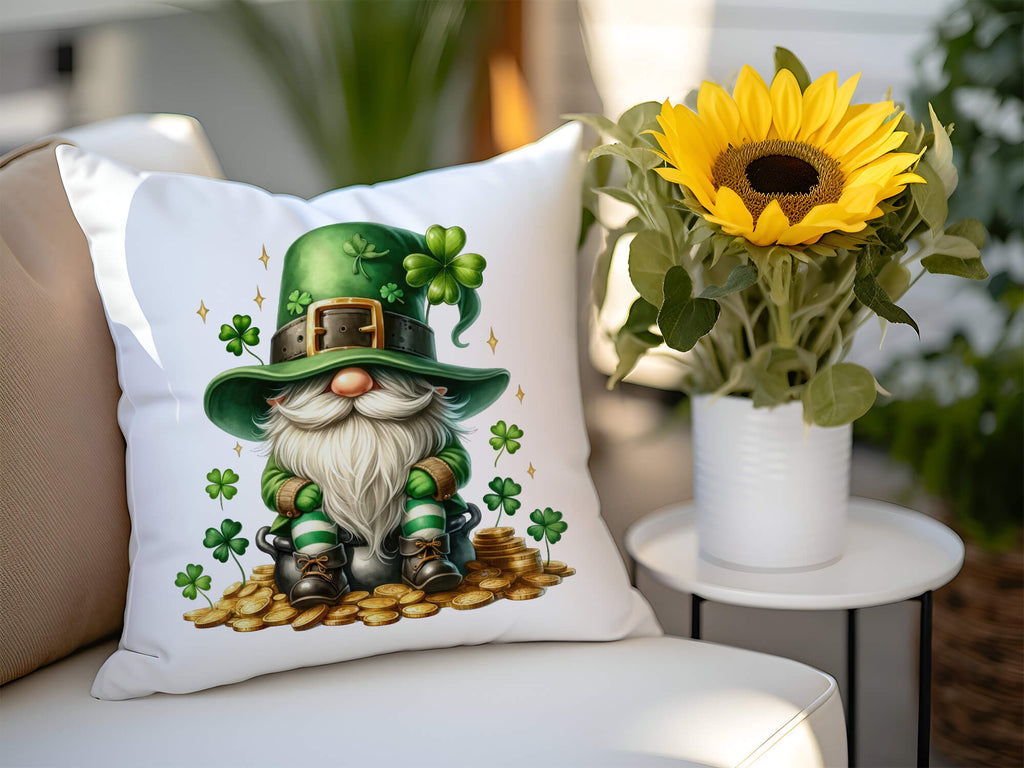 St. Patrick’s Day gnome pillow with green hat, shamrocks, and gold coins – festive Irish decor for home, farmhouse-style holiday cushion, lucky charm throw pillow, leprechaun-themed accent for St. Patrick’s celebrations