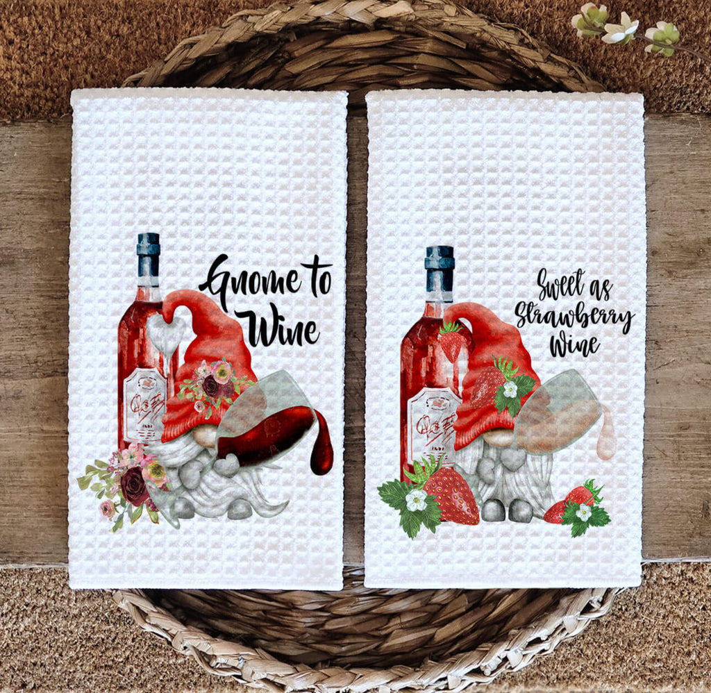 Strawberry Wine Gnome Kitchen Towel Set featuring adorable gnome illustrations with a vintage wine theme. Perfect for farmhouse rustic and wine lover kitchen decor High-quality, absorbent tea towels for everyday use or gifting - Personalized Kreation