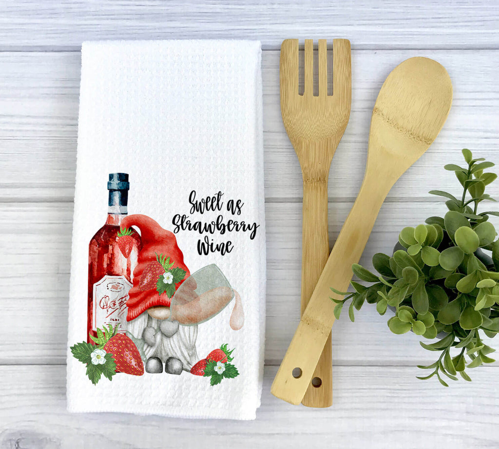 Strawberry Wine Gnome Kitchen Towel Set featuring adorable gnome illustrations with a vintage wine theme. Perfect for farmhouse, rustic, and wine lover kitchen decor. High-quality, absorbent tea towels for everyday use or gifting - Personalized Kreation