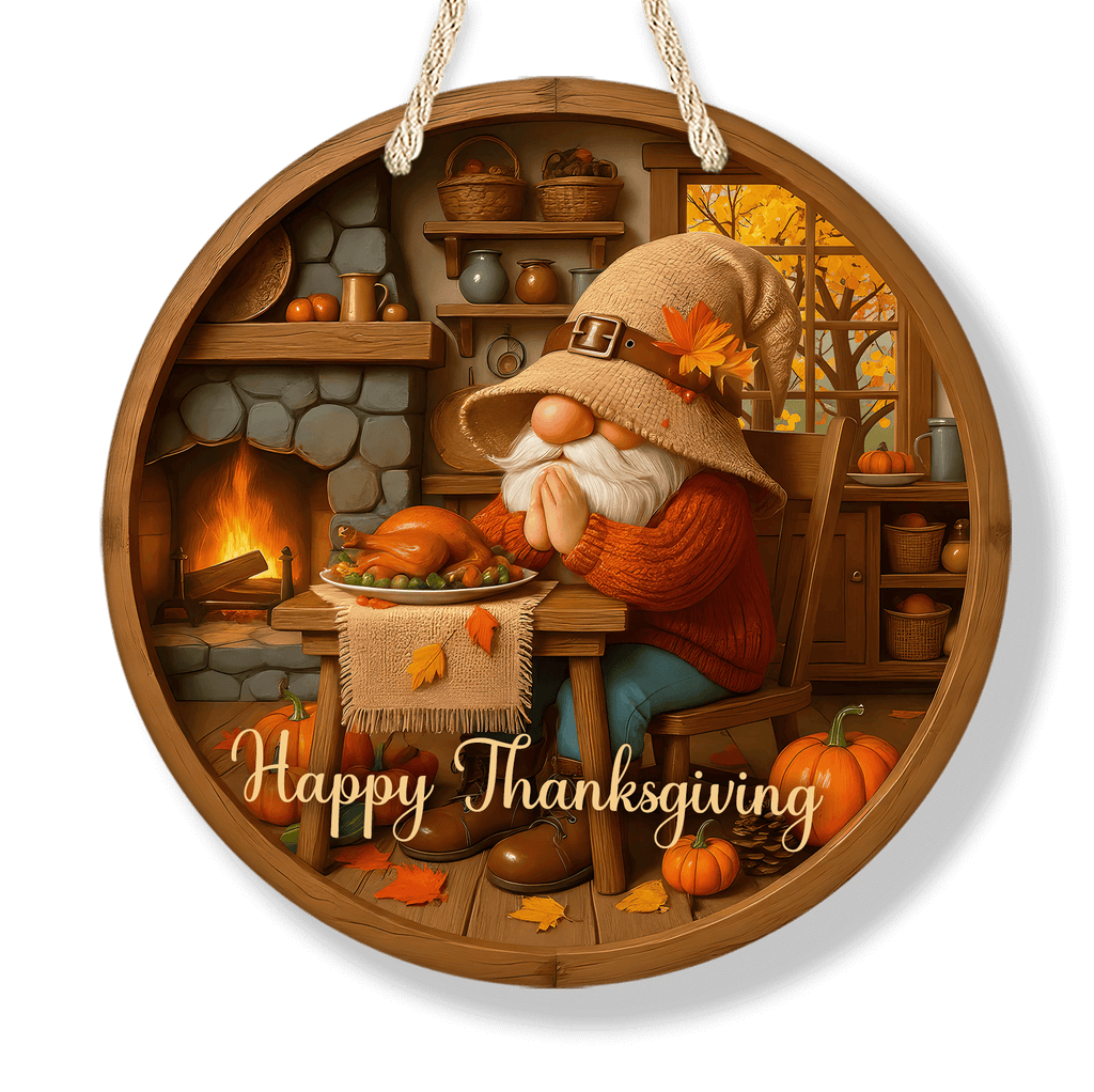 Decorative sign with a gnome celebrating Thanksgiving, surrounded by autumn elements.