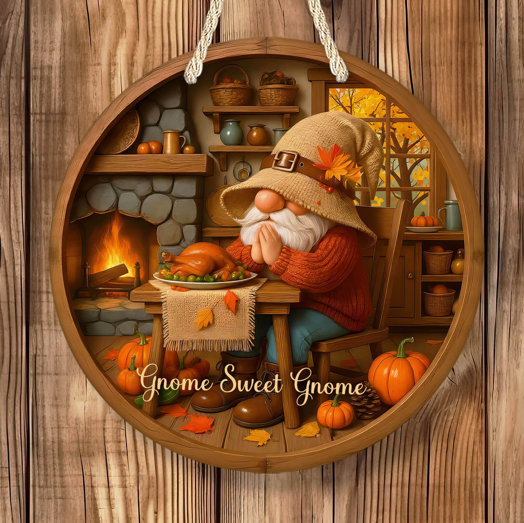 Gnome in a cozy autumn setting with pumpkins and a fireplace, featuring 'Gnome Sweet Gnome' text.