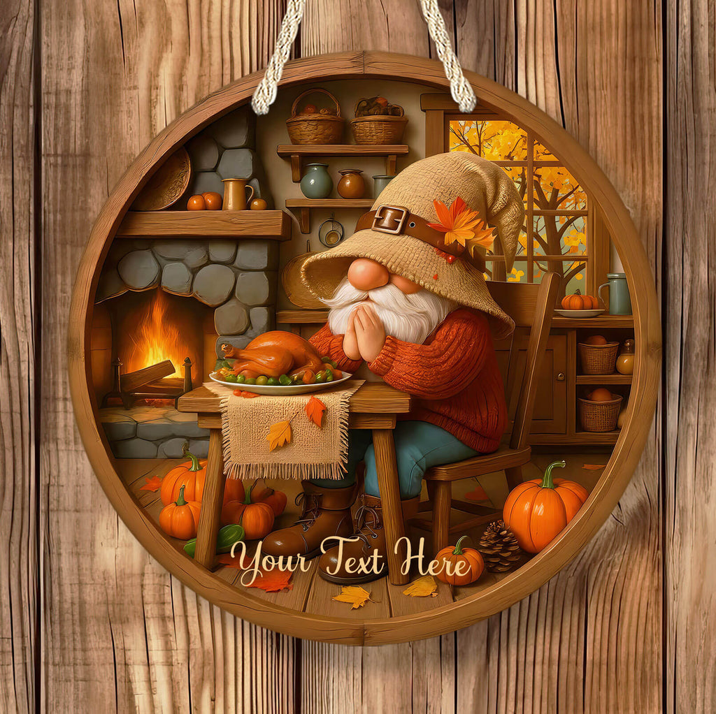 Decorative scene with a gnome, pumpkin, and fireplace on a wooden background