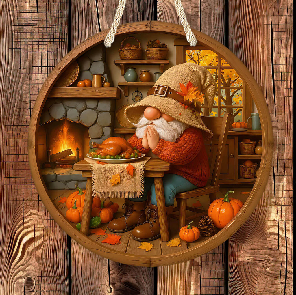 Decorative scene of a gnome with a harvest theme, sitting at a table with a turkey and pumpkins, on a wooden background.