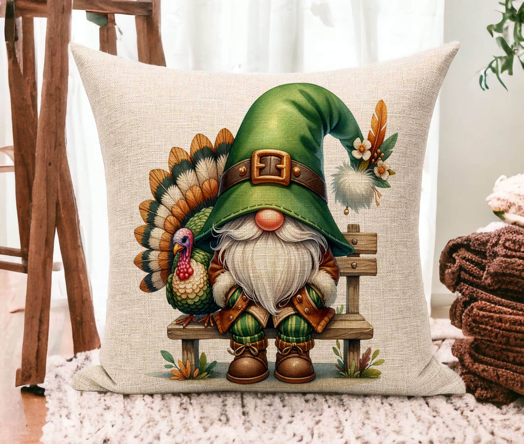 Decorative pillow with a gnome and turkey design on a neutral background