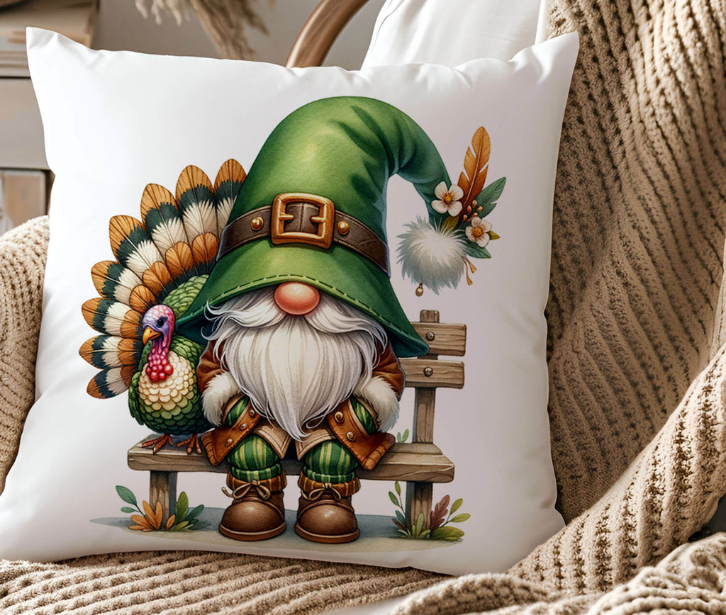 Decorative pillow with a gnome and turkey design on a textured surface