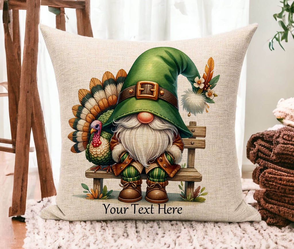 Decorative pillow with a gnome and turkey design on a beige background