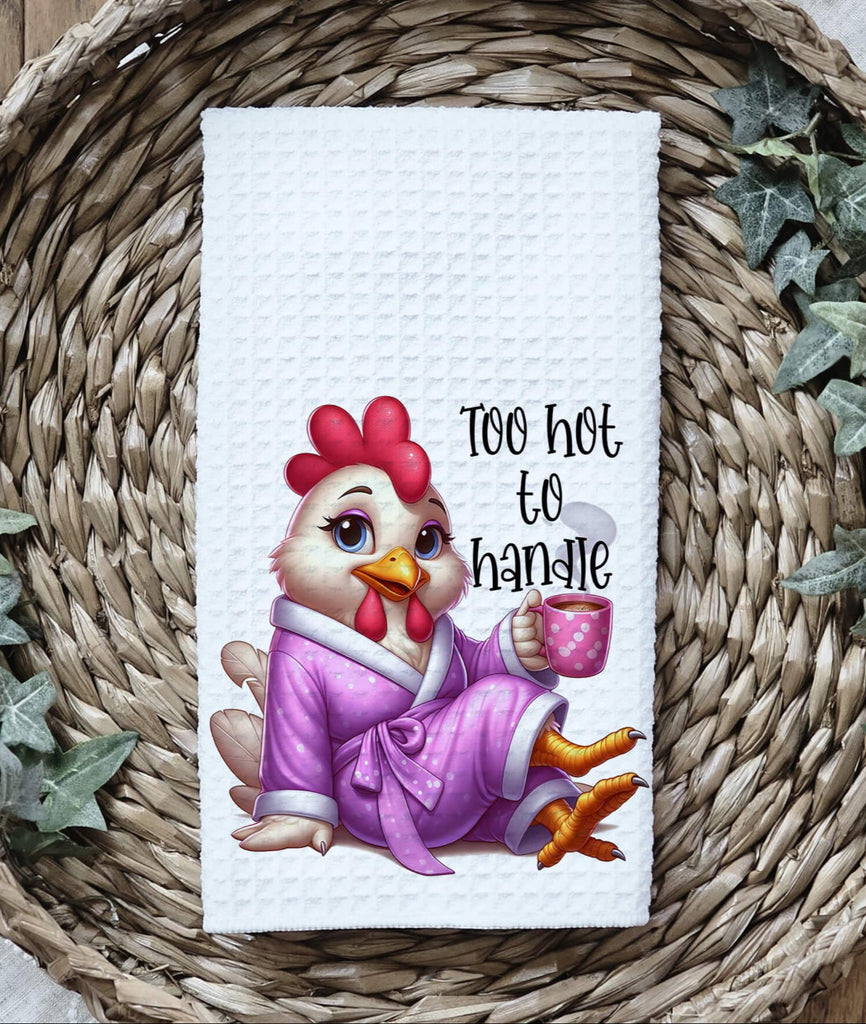 16x24 inch microfiber waffle weave kitchen towel featuring a funny chicken design with "Too Hot to Handle" text, highly absorbent, quick-drying, and durable, perfect for farmhouse kitchen decor or a unique gift for poultry lovers - Personalized Kreation