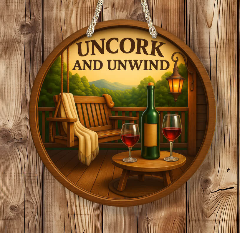 Decorative sign with 'Uncork and Unwind' text, wine bottle, and glasses on a wooden background.