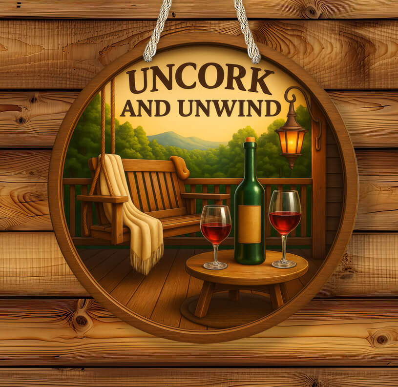 Decorative sign with 'Uncork and Unwind' text, wine bottle, and glasses on a wooden background.