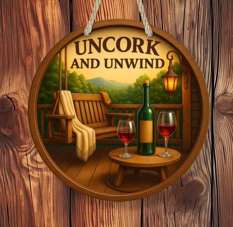 Decorative sign with 'Uncork and Unwind' text, wine bottle, and glasses on a wooden background.
