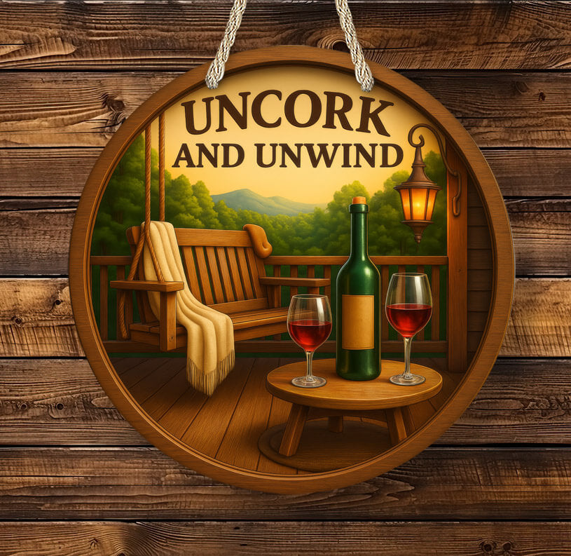 Decorative sign with 'Uncork and Unwind' text, wine bottle, glasses, and bench on a wooden background.