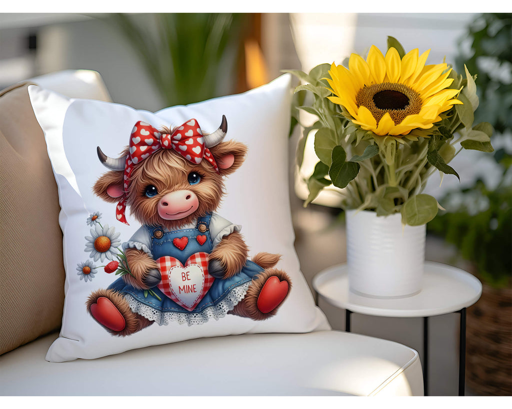 Personalized Highland Cow pillow with a cute cow wearing a polka dot bow, holding a plaid heart that says 'Be Mine.' Custom farmhouse Valentine’s decor, perfect gift for her, him, or couples. 18x18 white canvas or natural beige with hidden zipper. Machine washable - Personalized Kreation