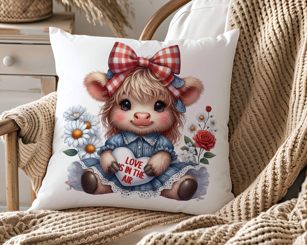 Personalized Highland Cow pillow featuring a cute cow with a polka dot bow, floral accents, and a heart that says ‘Love Grows Here.’ Custom farmhouse decor, perfect gift for her, cow lovers, and cottagecore homes. 18x18 white canvas or natural beige with hidden zipper. Machine washable