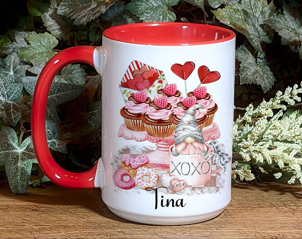 Personalized Valentine’s Gnome Mug featuring a cute gnome with cupcakes, hearts, and XOXO design. 15oz ceramic coffee cup, perfect romantic gift for her. Cozy kitchen decor, dishwasher and microwave safe, ideal for coffee, tea, or hot cocoa lovers - Personalized Kreation