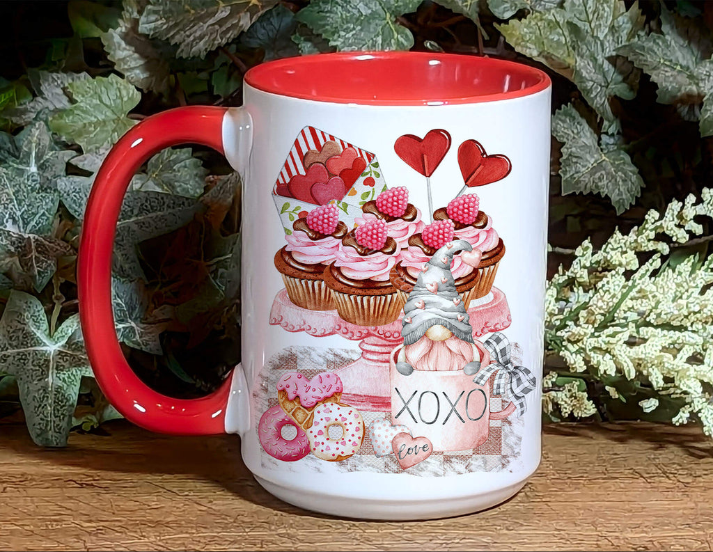 Personalized Valentine’s Gnome Mug featuring a cute gnome with cupcakes, hearts, and XOXO design. 15oz ceramic coffee cup, perfect romantic gift for her. Cozy kitchen decor, dishwasher and microwave safe, ideal for coffee, tea, or hot cocoa lovers