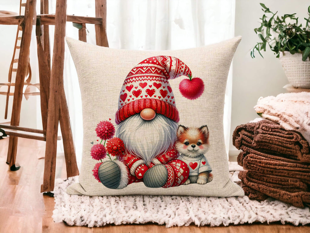 Valentine's Day throw pillow featuring a whimsical gnome and an adorable dog with heart and floral accents, perfect for rustic farmhouse decor or as a romantic gift