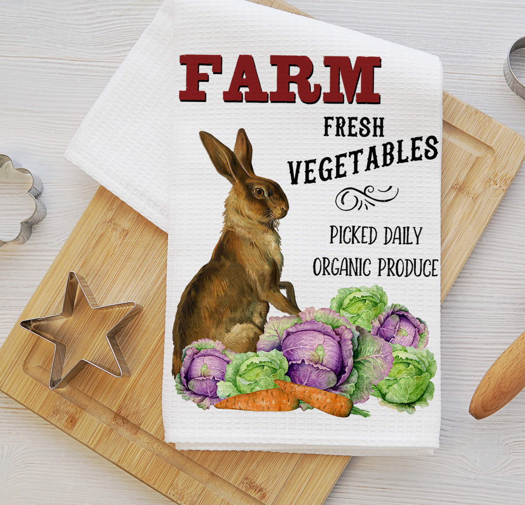 Farmhouse kitchen towel featuring a rustic bunny with fresh vegetables, including cabbage and carrots, perfect for country kitchen decor and eco-friendly home essentials - Personalized Kreation