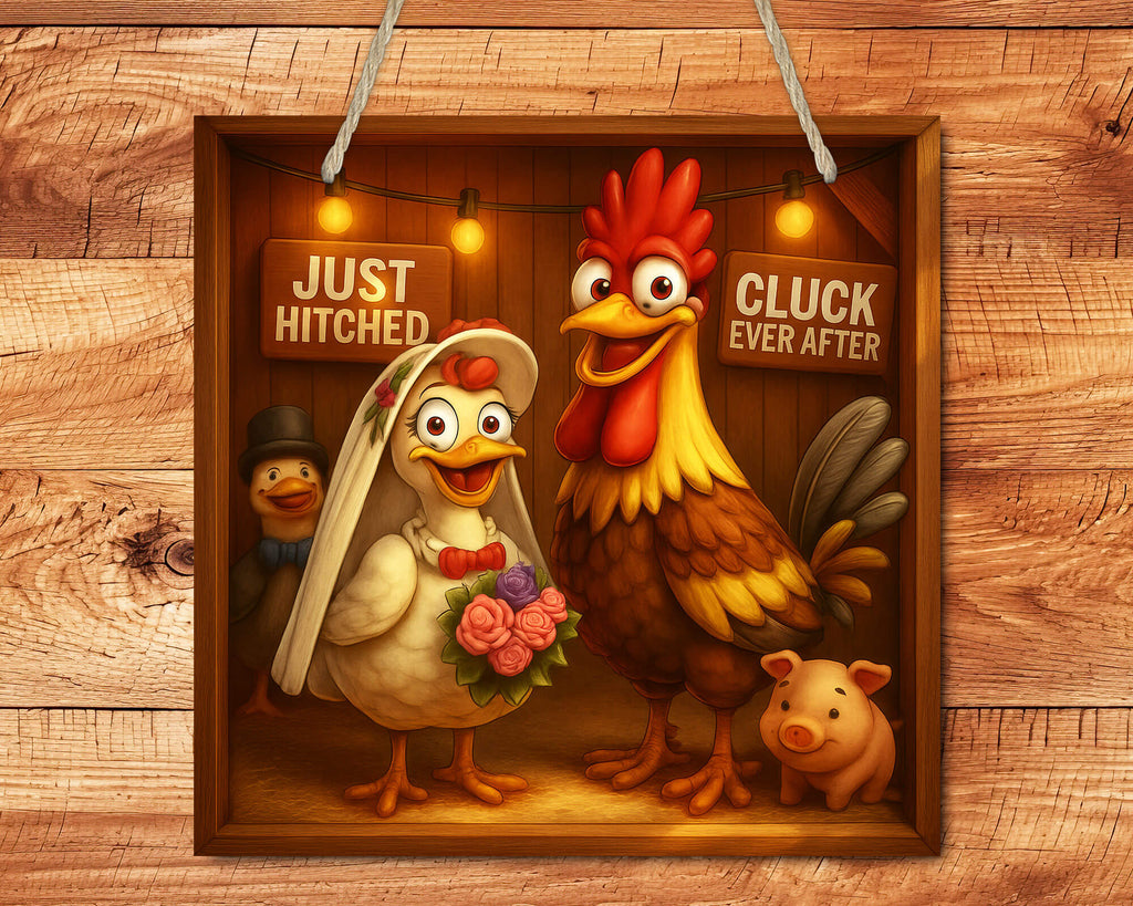 Cartoon chicken and rooster with a pig, framed on a wooden background with 'Just Hitched' and 'Cluck Ever After' signs.